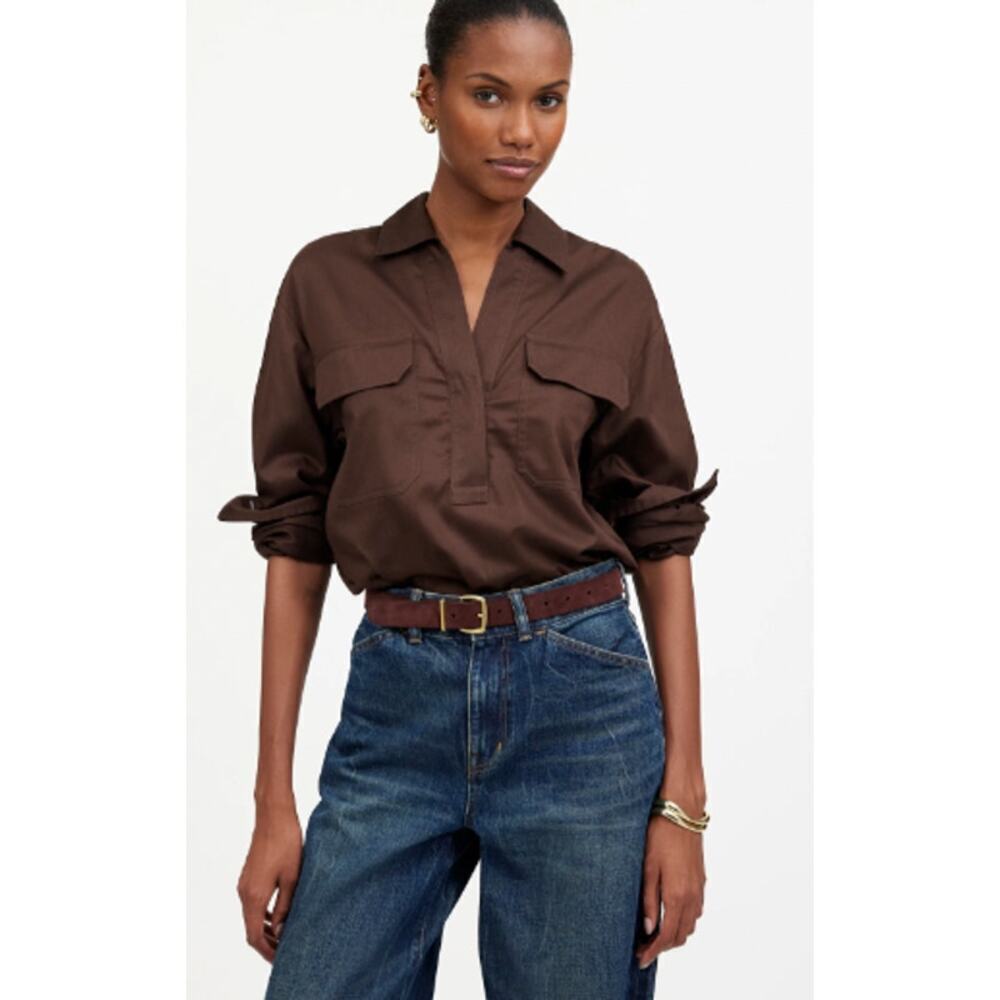 NWT Madewell Utility Long Sleeve Popover Shirt in Dark Carob Brown Size XXS